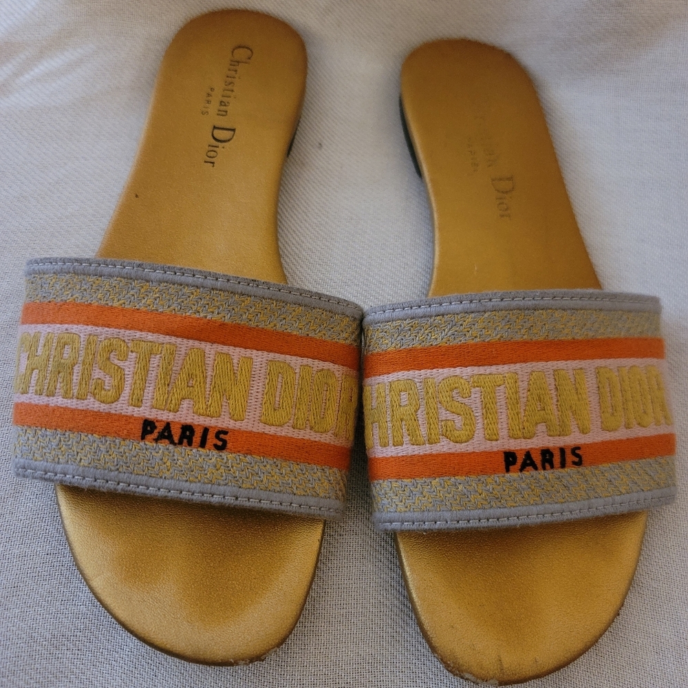 Christian Dior Dway Slide Sandals Gold Metallic Embroidered Logo Flats  40